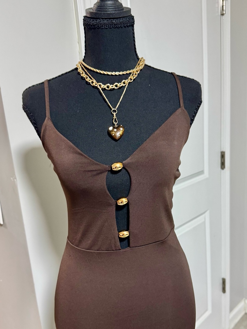 Forever 21 Brown Spaghetti-Strap Cutout Tank with Gold Accent Buttons